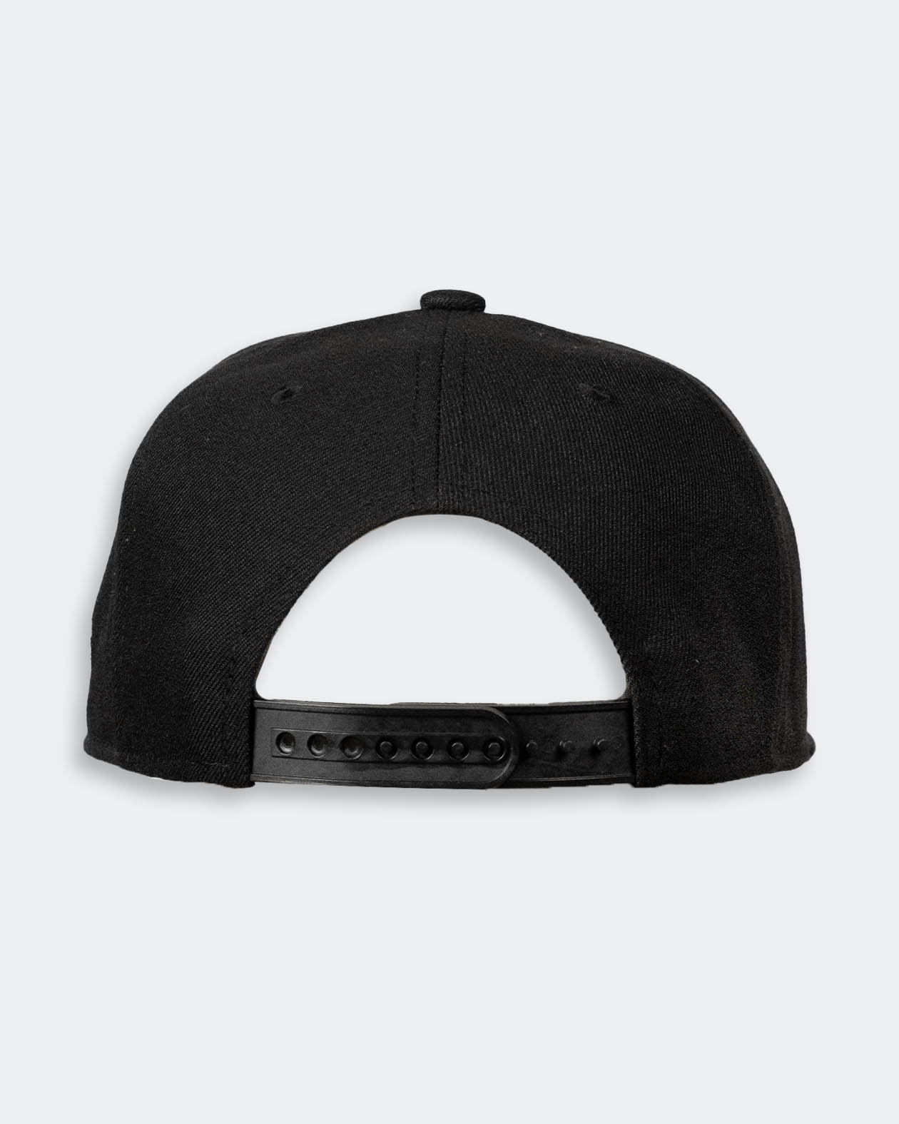 black of a Black snapback cap on a light gray background