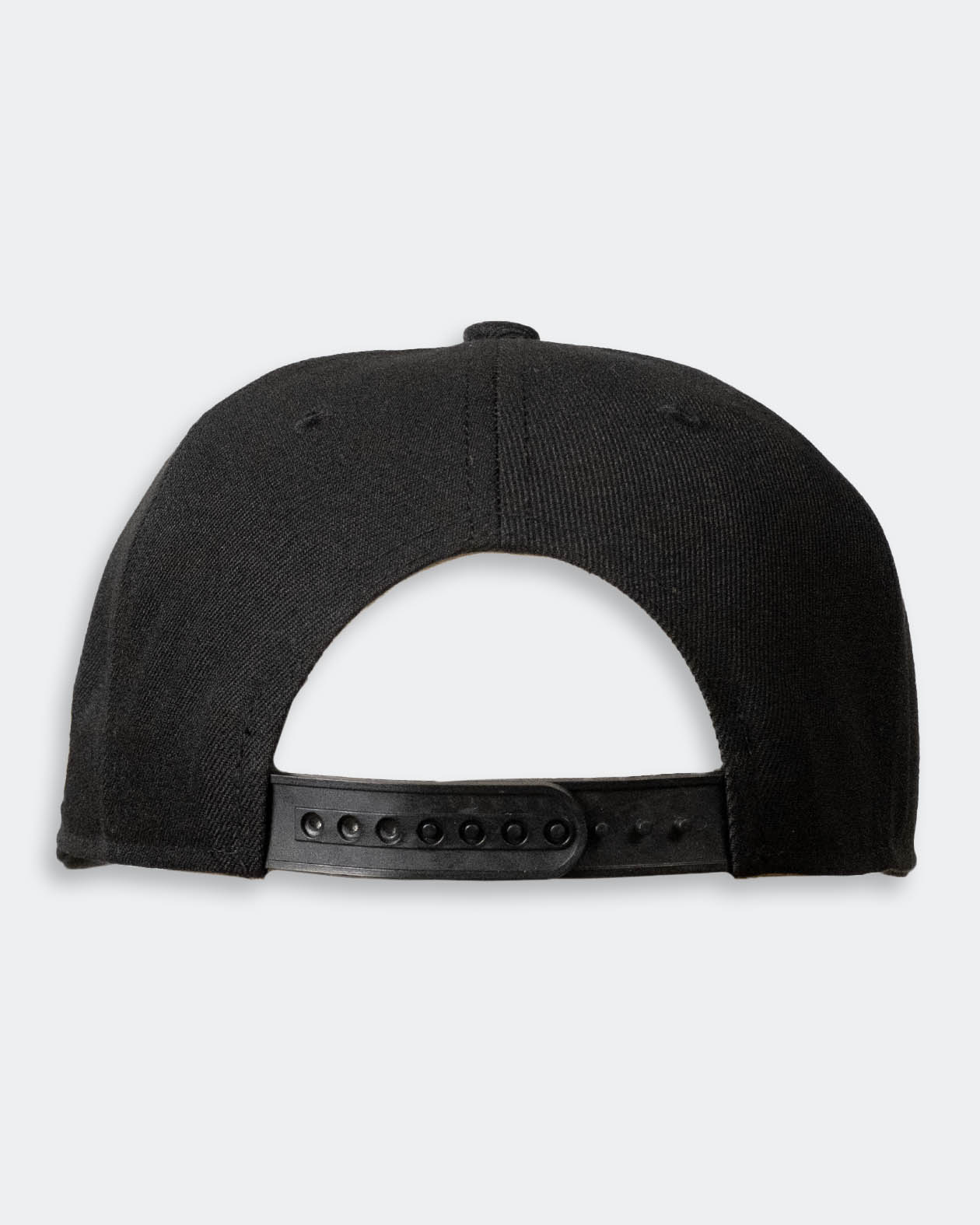 black of a Black snapback cap on a light gray background
