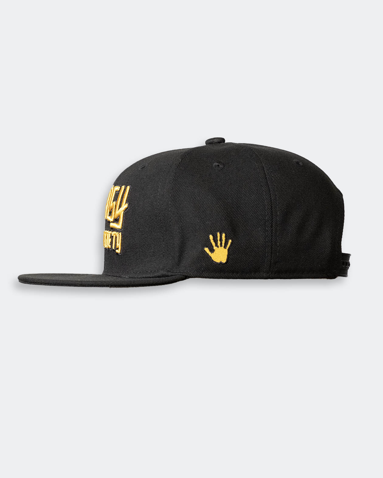Black cap with gold greasy hands society logo with hand on the side  - sideview