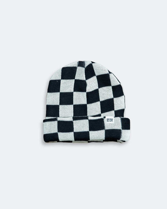 Black and white checkered beanie on a light gray background