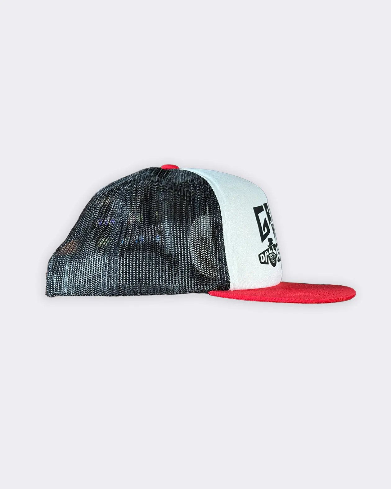 A trucker-style baseball cap with a black mesh back, white front panel, and red flat brim, featuring a black graphic logo on the front - Dallas Dragster Red/White/Black Hat by Greasy Hands Society
