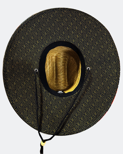 Black patterned wide-brimmed hat with a gold interior on a white background - Beach Roamer sun hat for men by Greasy Hands Society