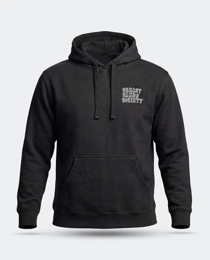 A black pullover hoodie with a small white distressed text graphic reading 'GREASY HANDS SOCIETY' on the left chest, displayed on a light gray background - Eat Dust Hoodie by Greasy Hands Society