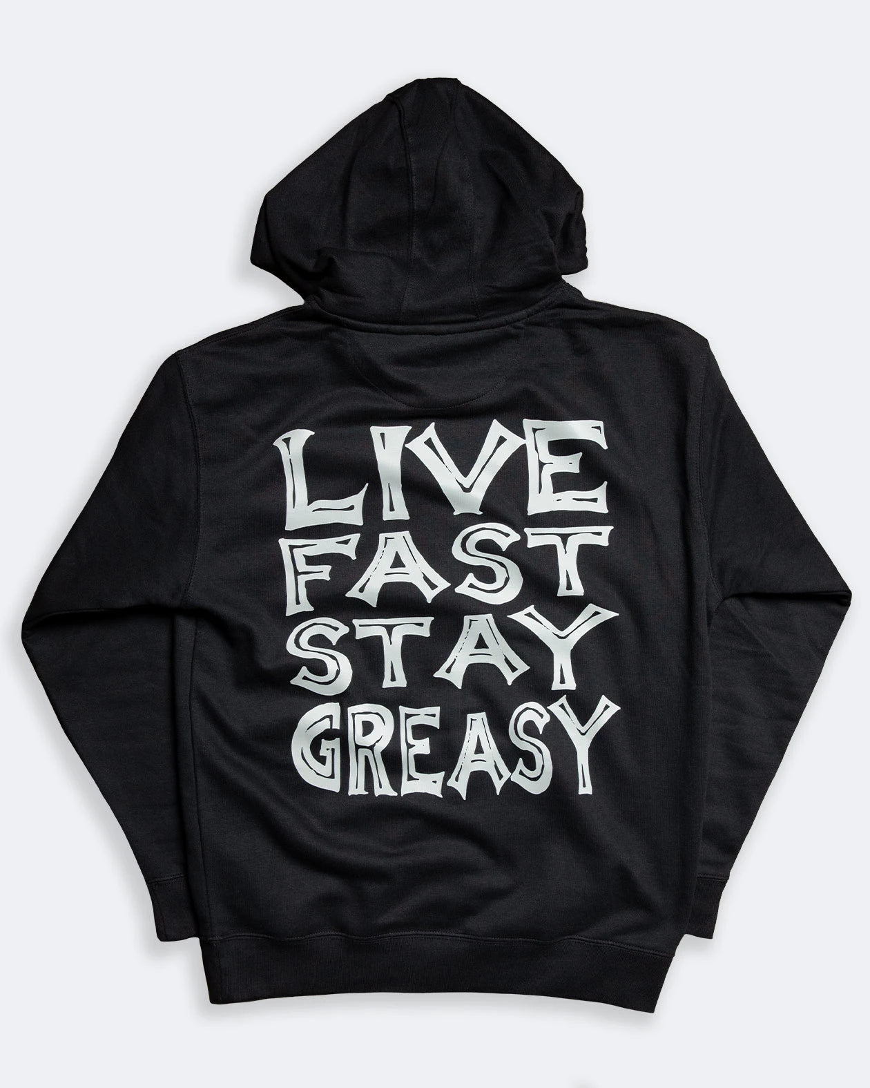 live fast stay greasy hoodie full back graphic on a black hoodie