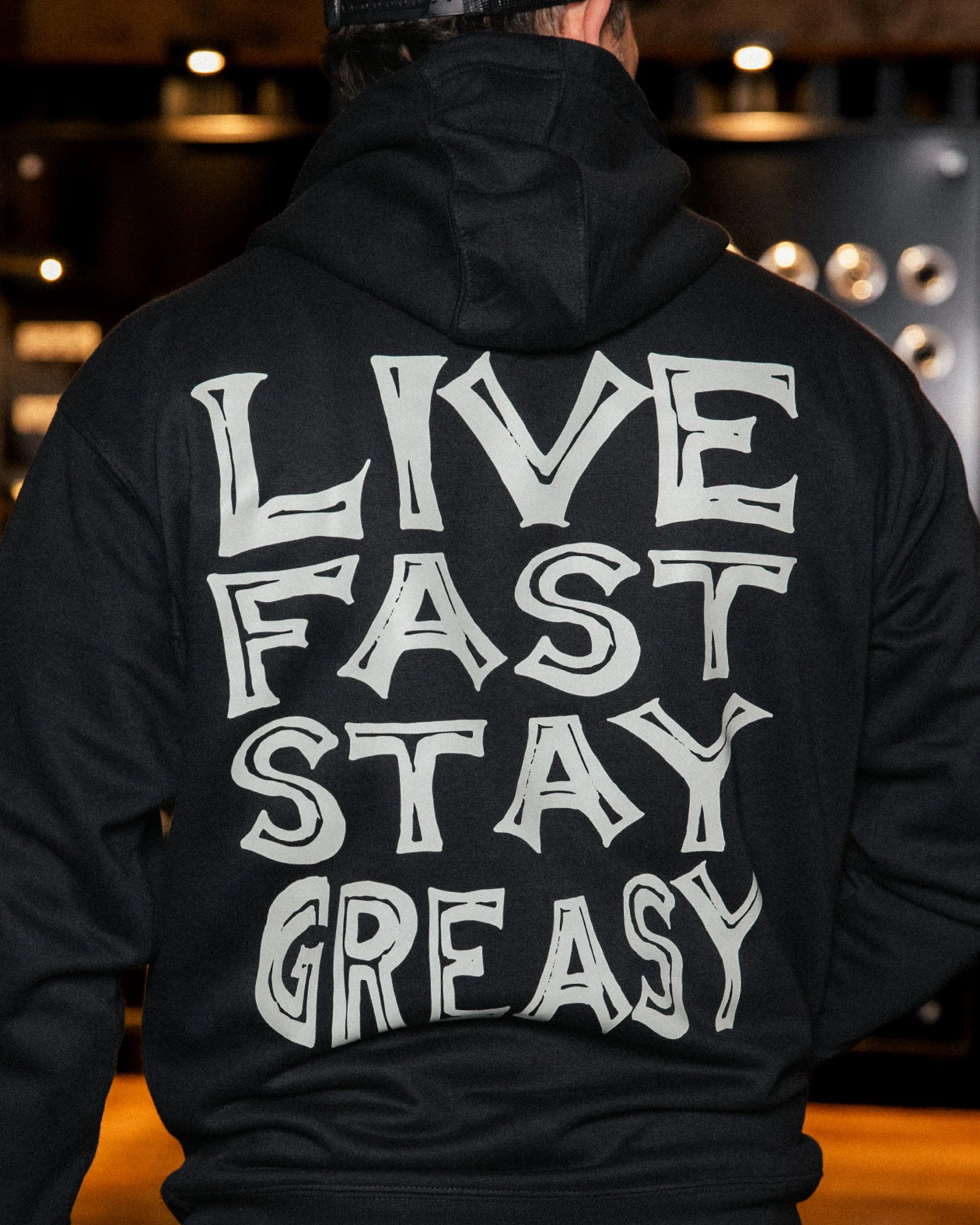 black Hoodie full back graphic of -live fast stay greasy