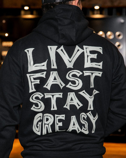 black Hoodie full back graphic of -live fast stay greasy