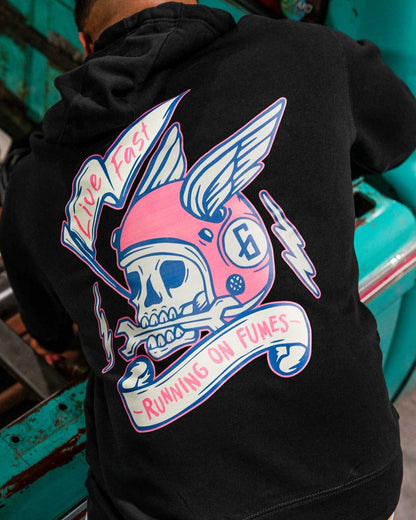 running on fumes hoodie back graphic in pink and blue