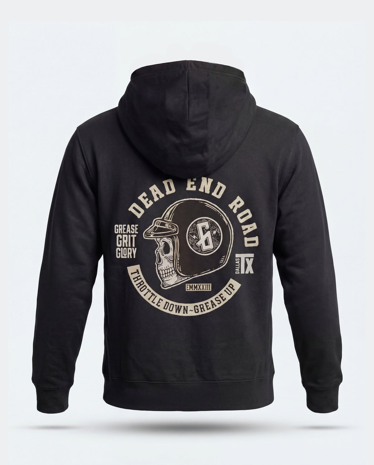A black pullover hoodie shown from the back, featuring a large cream-colored graphic print with a skull in a helmet, the text 'DEAD END ROAD', and 'GREASE GRIT GLORY' on a light gray background - Dead End Road Hoodie by Greasy Hands Society