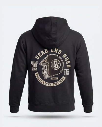 A black pullover hoodie shown from the back, featuring a large cream-colored graphic print with a skull in a helmet, the text 'DEAD END ROAD', and 'GREASE GRIT GLORY' on a light gray background - Dead End Road Hoodie by Greasy Hands Society