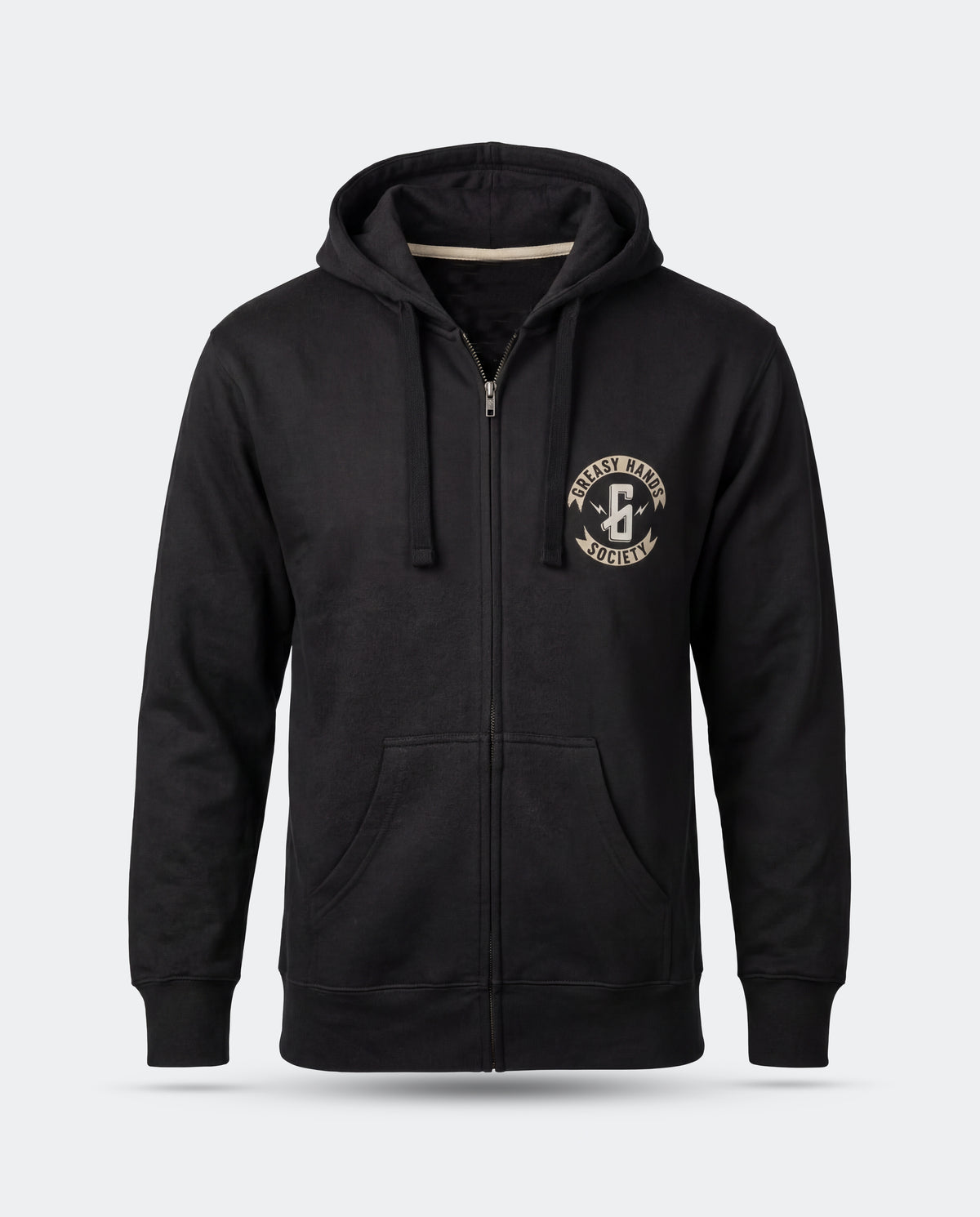 A black zip-up hoodie with a drawstring hood and kangaroo pockets, featuring a circular graphic print on the left chest with an anchor and the words 'GREASY HANDS SOCIETY' - Dead End Road Hoodie by Greasy Hands Society