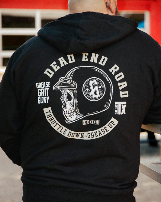 dead end road zip up black hoodie full back graphic on a model