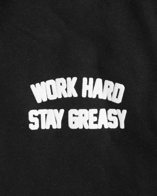 Black hoodie with 'Work Hard Stay Greasy' text in white on a black background - Work Hard Stay Greasy mens black hoodie by Greasy Hands Society