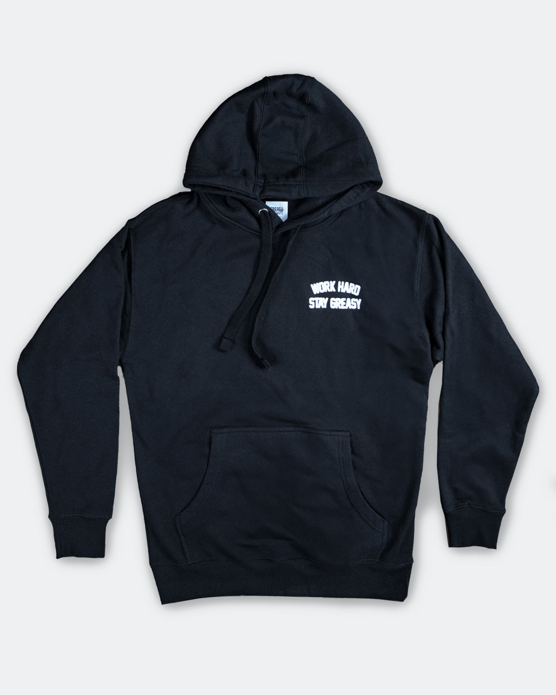 Black hoodie with white text on a white background