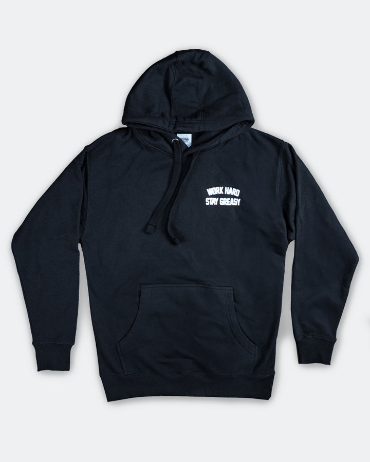 Black hoodie with white text on a white background - Work Hard Stay Greasy men's black hoodie by Greasy Hands Society
