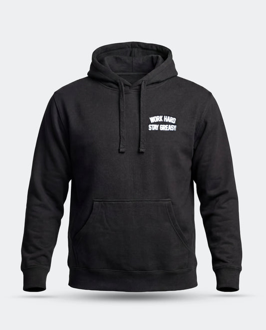 A black pullover hoodie with a small white graphic text print on the left chest reading 'WORK HARD STAY GREASY', shown against a light gray background Work Hard Stay Greasy Hoodie by Greasy Hands Society