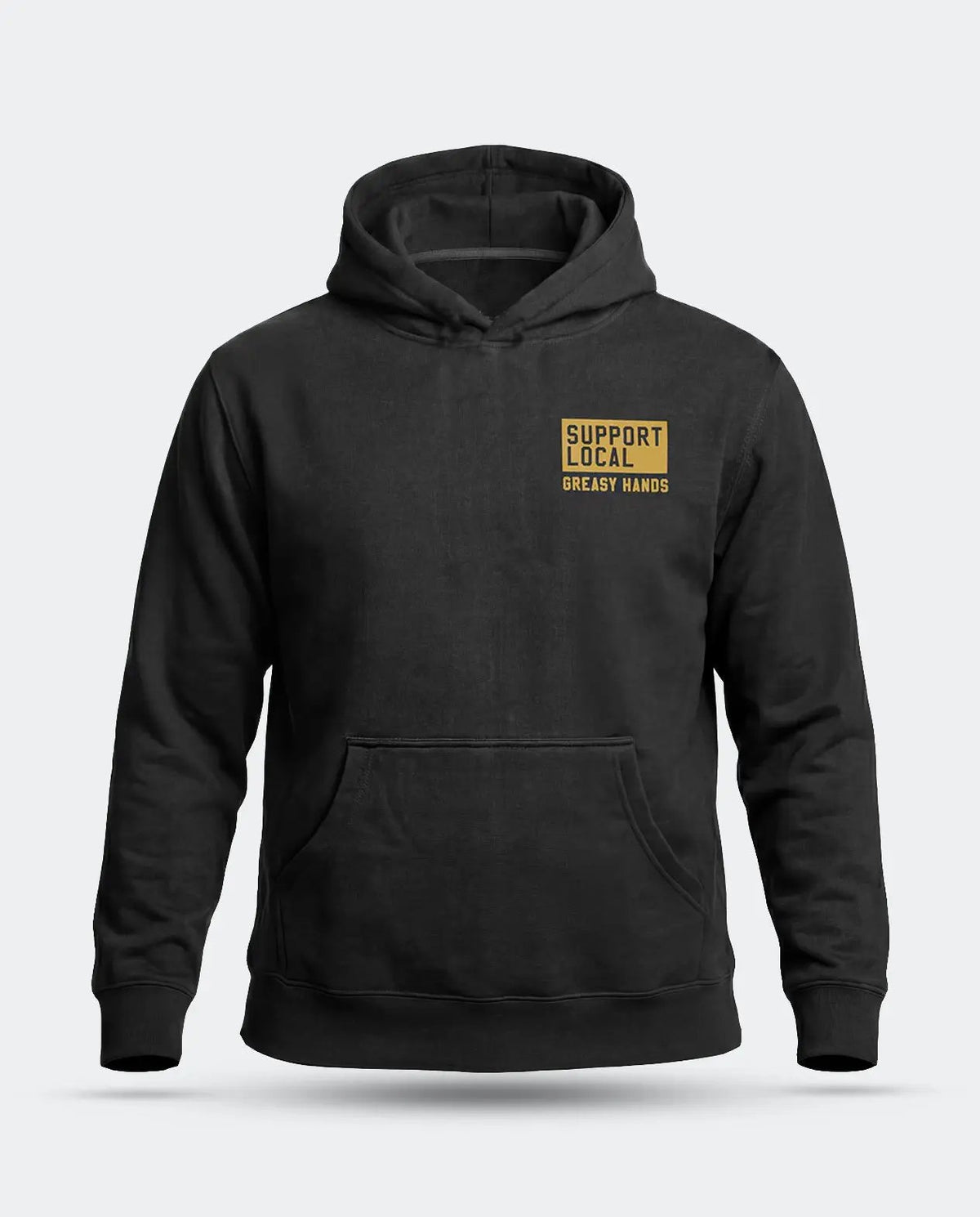 A black pullover hoodie with a small yellow block logo on the left chest that reads 'SUPPORT LOCAL GREASY HANDS', shown on a light gray background - Support Your Local Car Club Hoodie by Greasy Hands Society