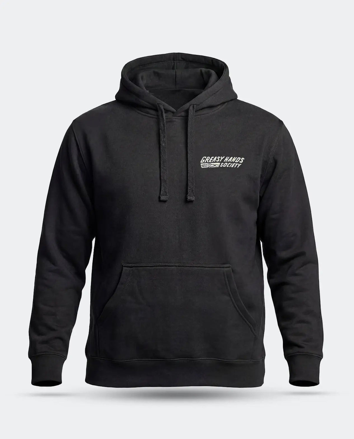 A black pullover hoodie with a small white graphic on the left chest reading 'GREASY HANDS SOCIETY', shown on a light gray background - Bolted Down Graphic Hoodie by Greasy Hands Society