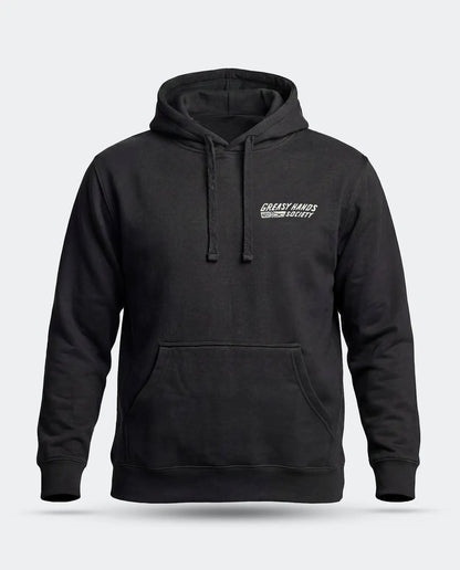 A black pullover hoodie with a small white graphic on the left chest reading 'GREASY HANDS SOCIETY', shown on a light gray background - Bolted Down Graphic Hoodie by Greasy Hands Society