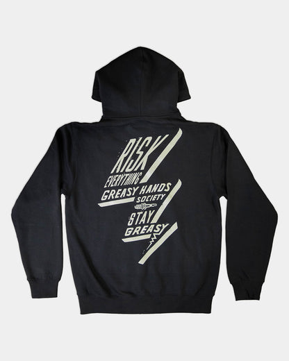 bolted down black heavyweight hoodie back flat lay view with full back graphic of a lightning bolt saying risk everything  - Bolted Down Men's Heavyweight Box Hoodie by Greasy Hands Society