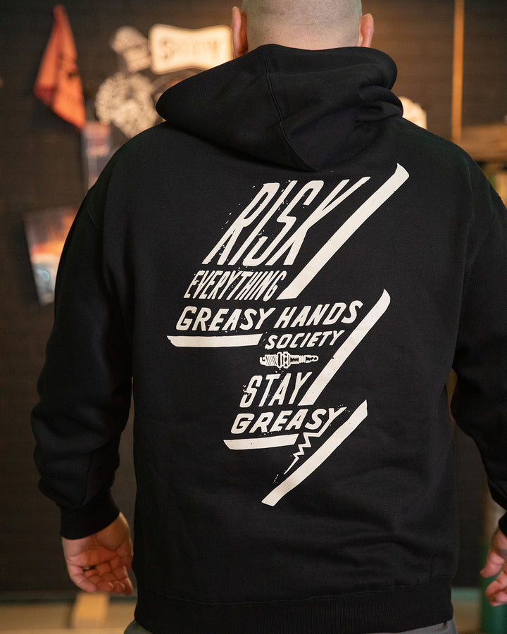 bolted down black heavyweight box hoodie full back graphic of a lightning bolt saying risk everything, Greasy Hands Society 