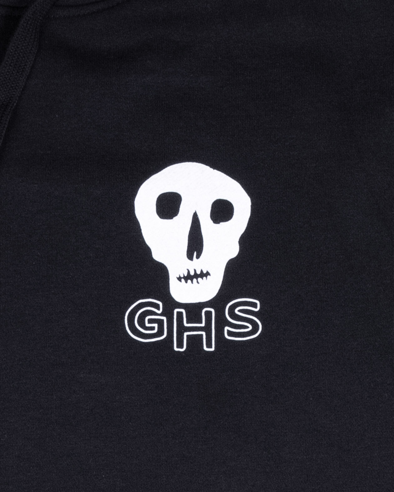 women's black hoodie with a white skull and 'GHS' logo on a dark background