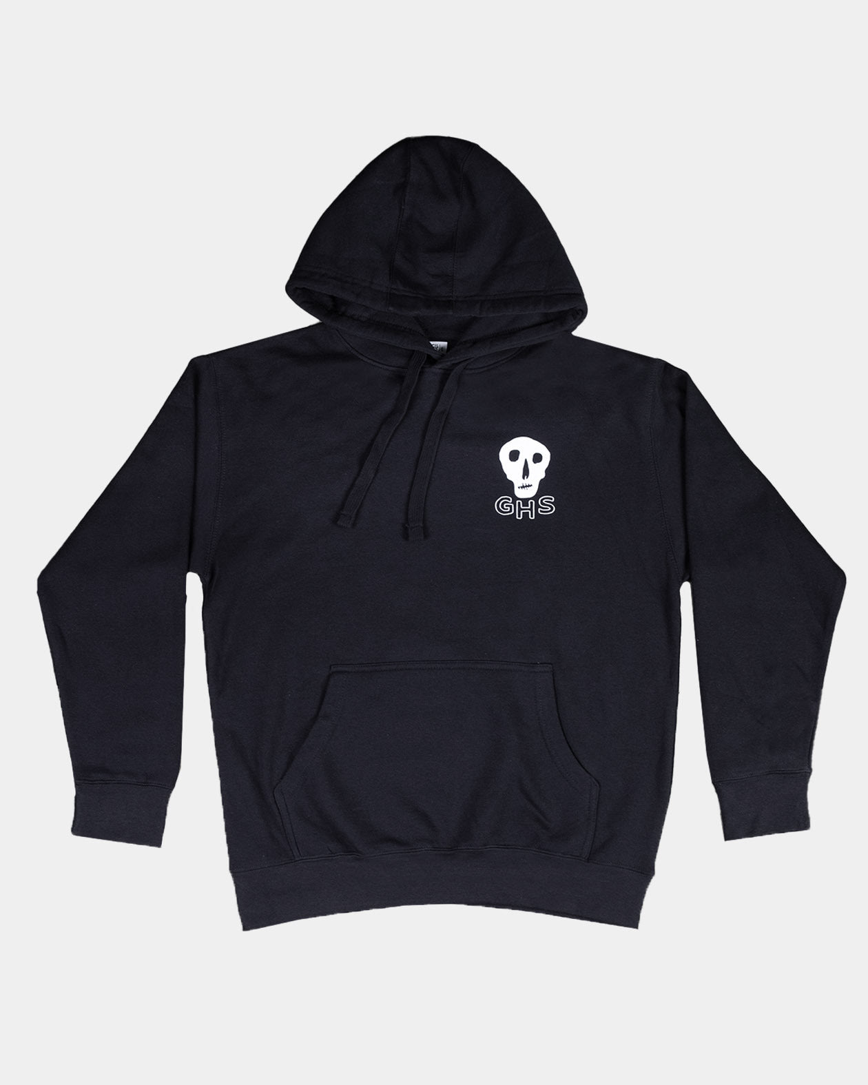 women's black hoodie with a white skull logo on a light gray background