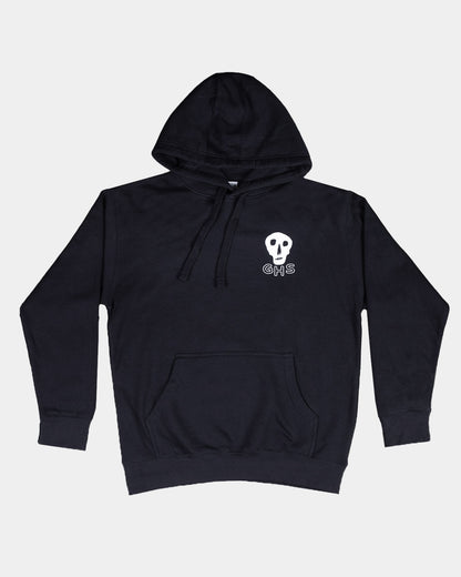 women's black hoodie with a white skull logo on a light gray background