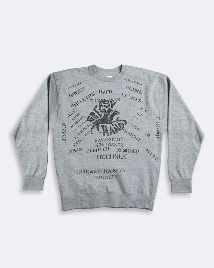 Gray sweatshirt with black text and logo on a light gray background