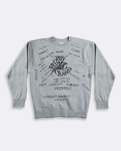 Gray sweatshirt with black text and logo on a light gray background