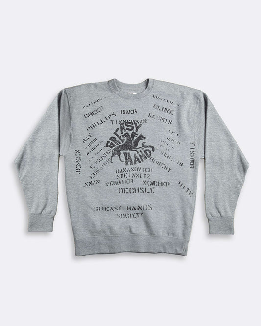 Gray sweatshirt with black text and logo on a light gray background