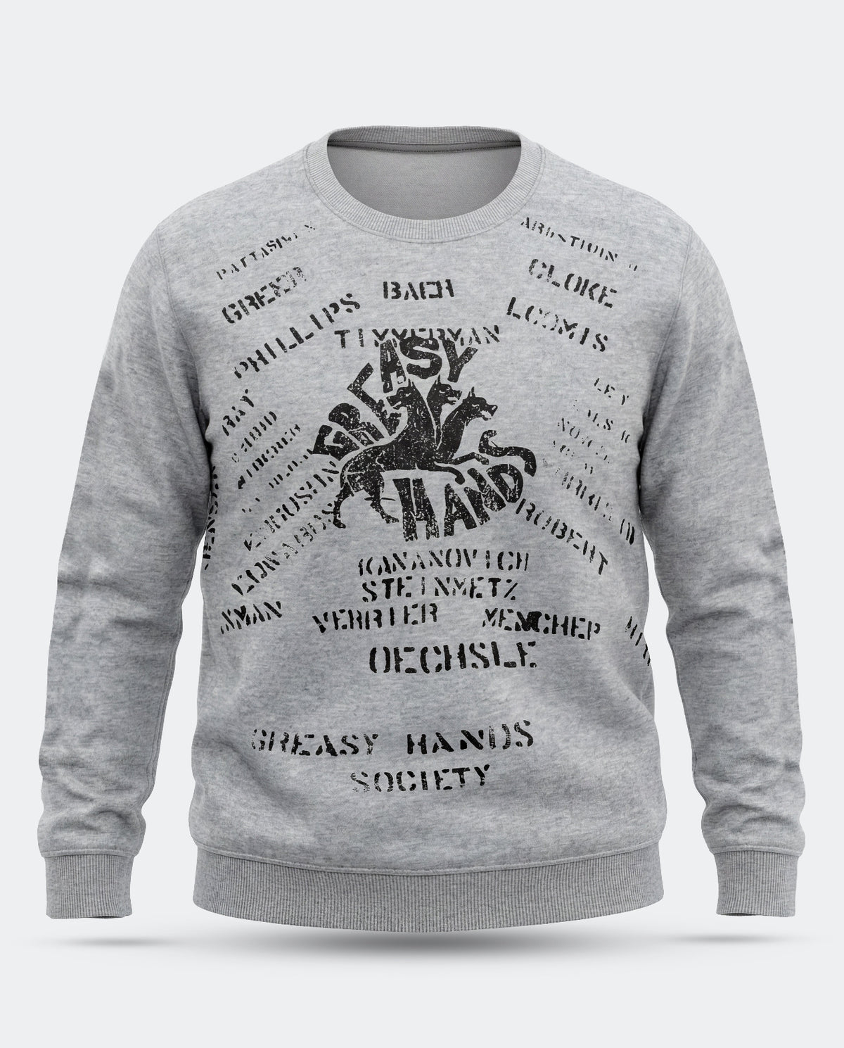 A heather gray crewneck sweatshirt featuring a black graphic print of a hand with crossed bones and the text 'GREASY HANDS' surrounded by various names and the words 'GREASY HANDS SOCIETY' - Navy Dogs Crew Sweatshirt by Greasy Hands Society