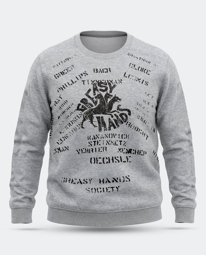 A heather gray crewneck sweatshirt featuring a black graphic print of a hand with crossed bones and the text 'GREASY HANDS' surrounded by various names and the words 'GREASY HANDS SOCIETY' - Navy Dogs Crew Sweatshirt by Greasy Hands Society