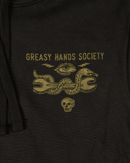 Black hoodie with 'Greasy Hands Society' text in gold with a snake holding a wrench on a dark background - Snake Eye Hoodie by Greasy Hands Society