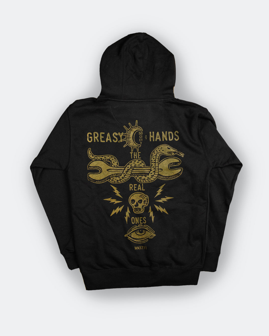 Black hoodie by greasy hands society called the snake eyes hoodie with gold snake and wrench graphic design on a white background
