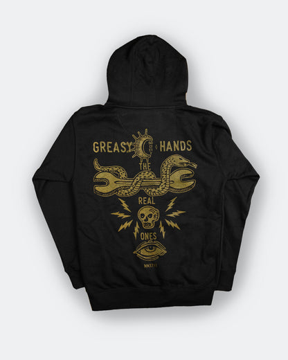 Black hoodie by greasy hands society called the snake eyes hoodie with gold snake and wrench graphic design on a white background