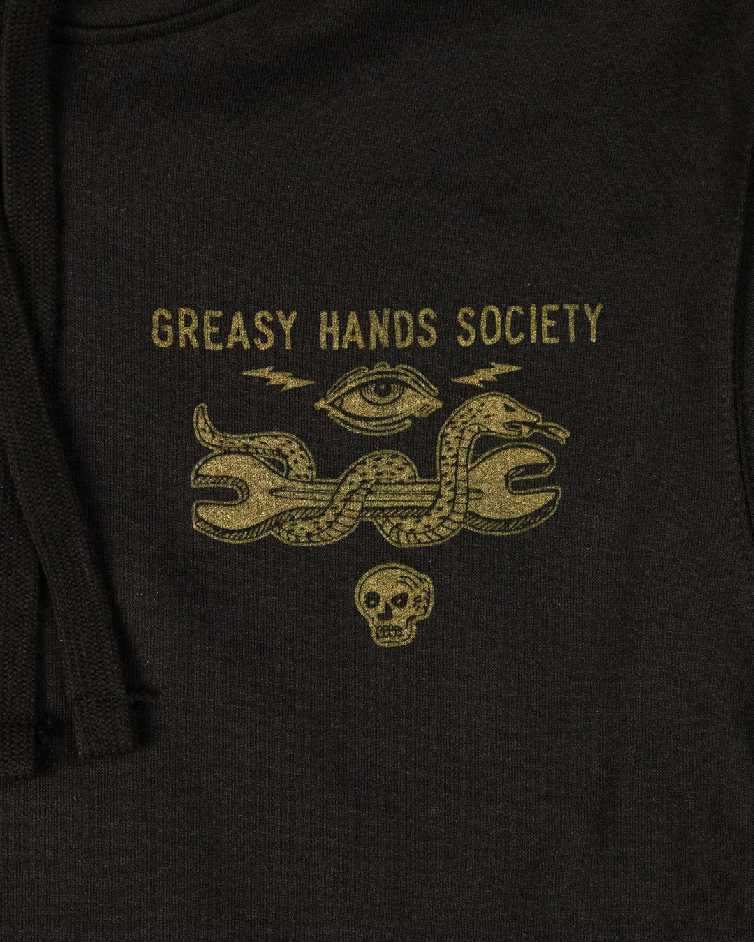 Black hoodie with 'Greasy Hands Society' logo in gold on a dark background
