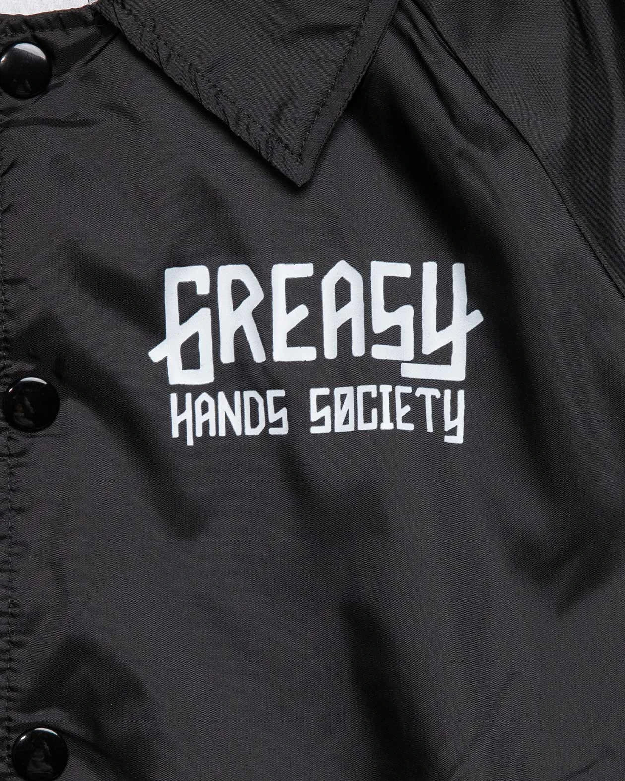 greasy hands society logo graphic front left chest detail