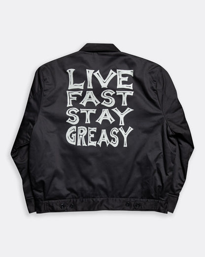 Live Fast stay greasy Mechanic Jacket full back graphic on a black jacket 