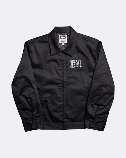 live fast black mechanic jacket front view flat lay on gray