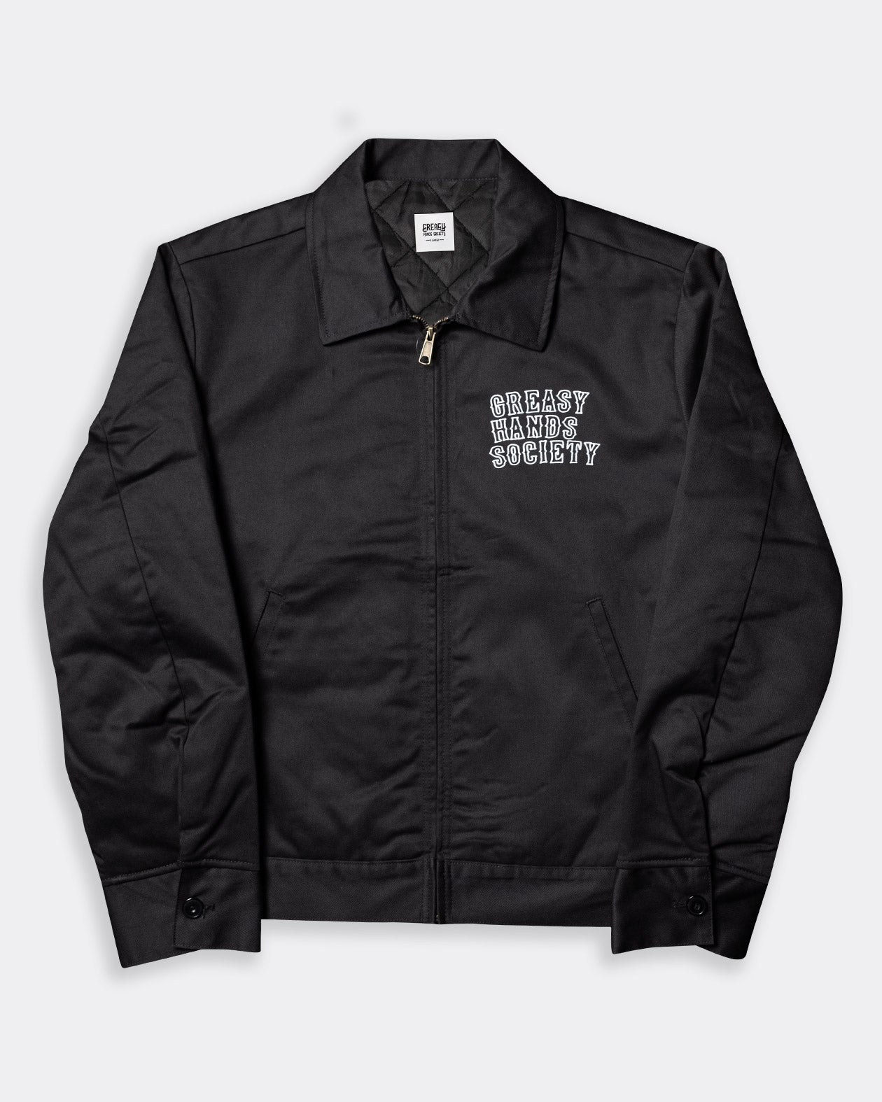 eat dust black mechanics jacket front left chest design front view flat lay