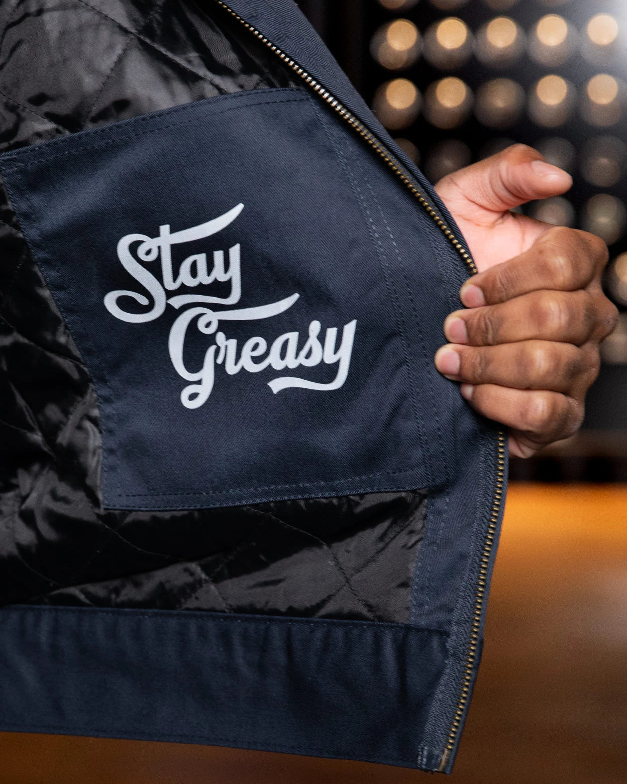 GHS Logo Blue Mechanic Jacket interior pocket "stay greasy" design