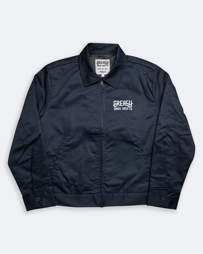 Greasy hands society Logo Blue Mechanic Jacket front chest design on flat lay