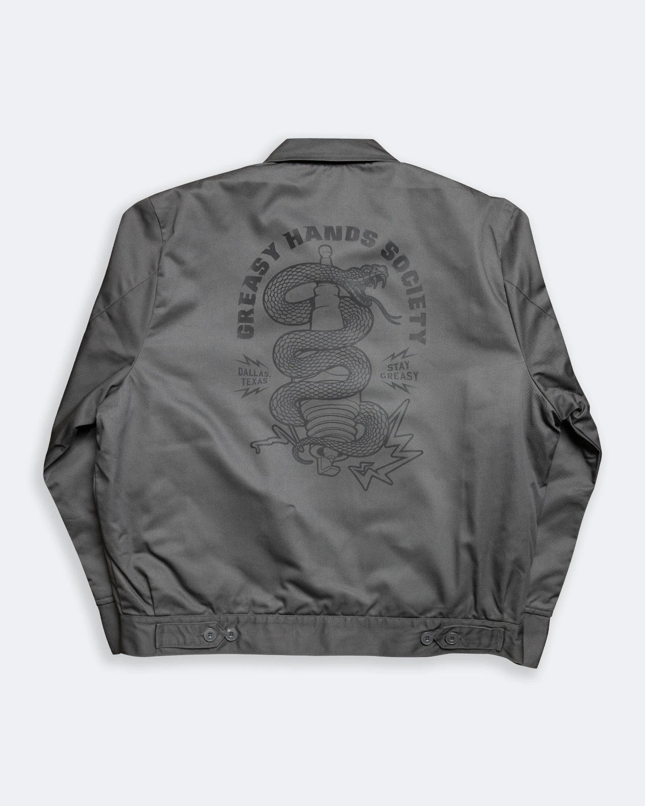 sparks flyin gray mechanic jacket full back design flat lay view