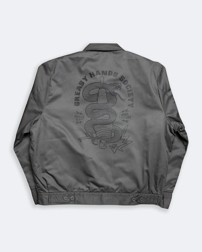 sparks flyin gray mechanic jacket full back design flat lay view