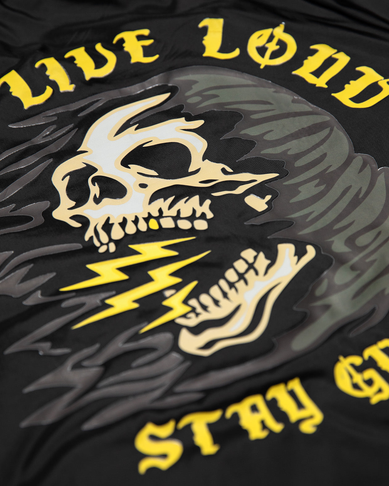 live loud jacket full back graphic of a skull with lightning graphic detail