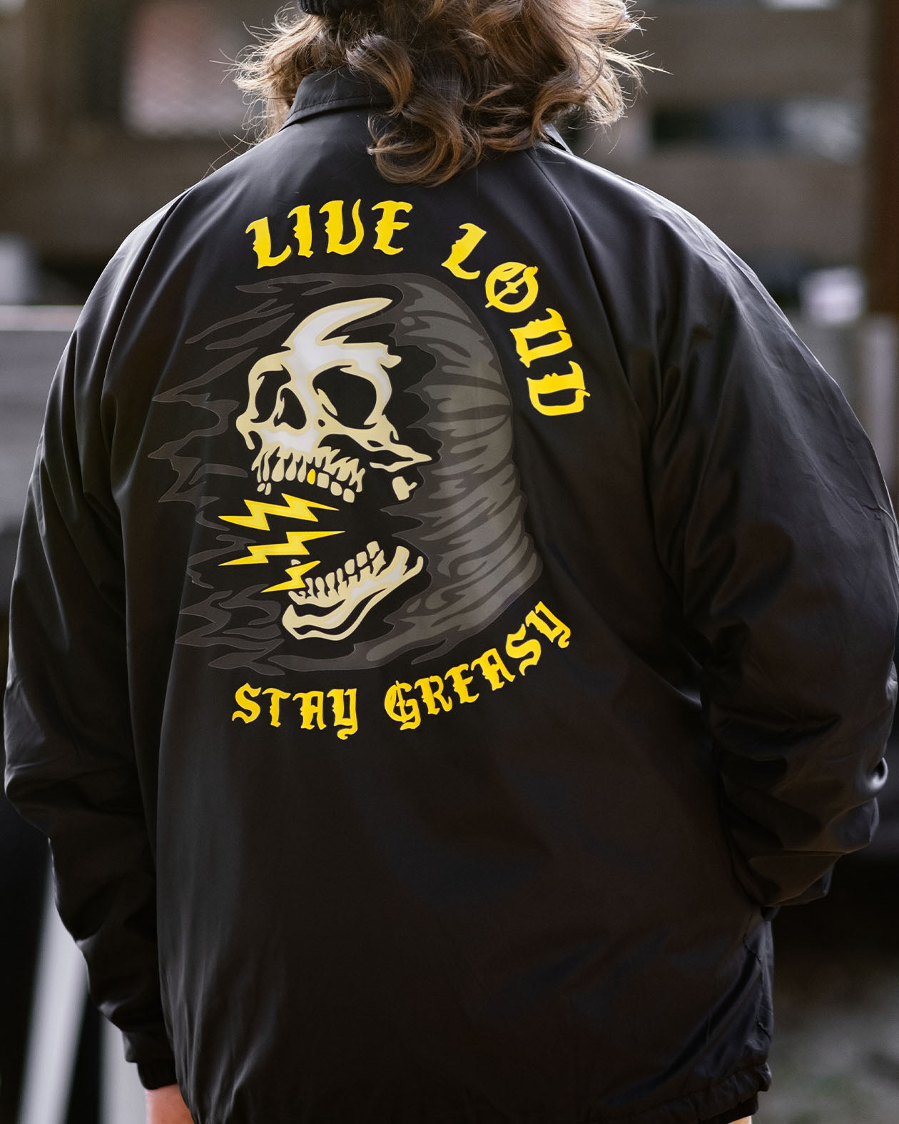 live loud pit jacket full back graphic on a model