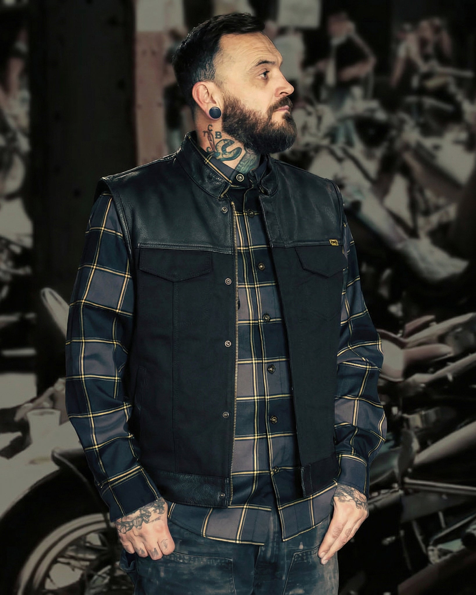 Men's Motorcycle Leather & Canvas Vest | Club Vest | Greasy Hands