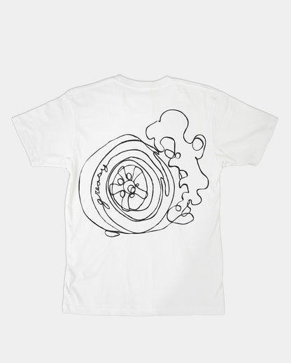 White t-shirt with black line art design of a wheel on the back - flat lay on gray
