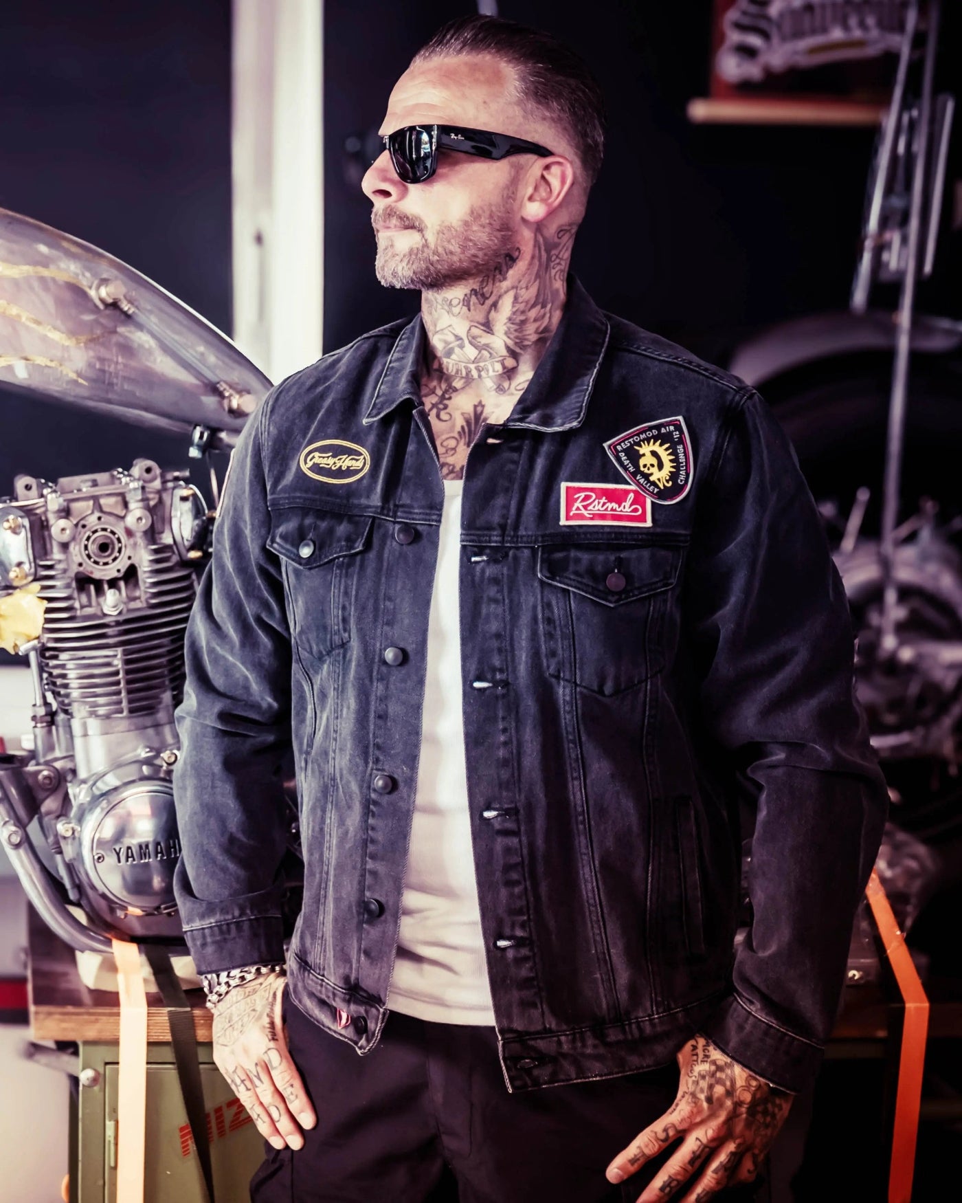 Greasy Hands Black Denim Jacket with Sewn Patches | Greasy Hands