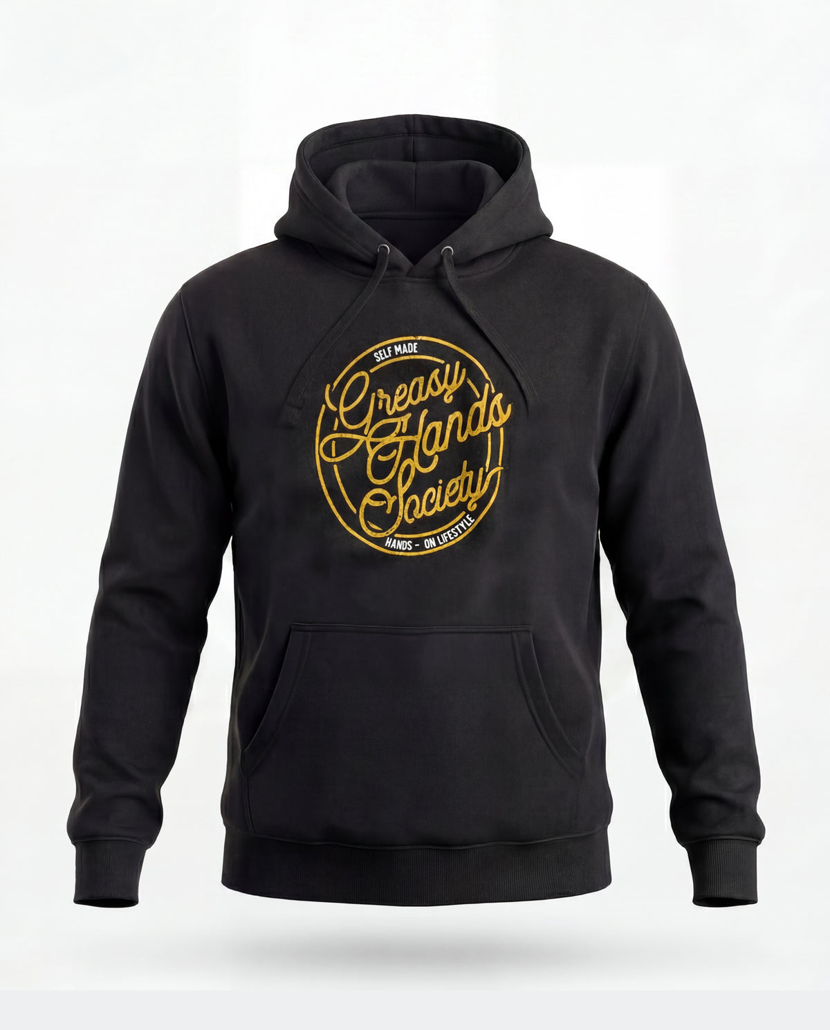 A black pullover hoodie with a large circular gold graphic on the chest reading 'Greasy Hands Society' and smaller text 'EST. 2016' and 'SAN DIEGO, CA', shown on a clean white background - Self Made Hoodie by Greasy Hands Society